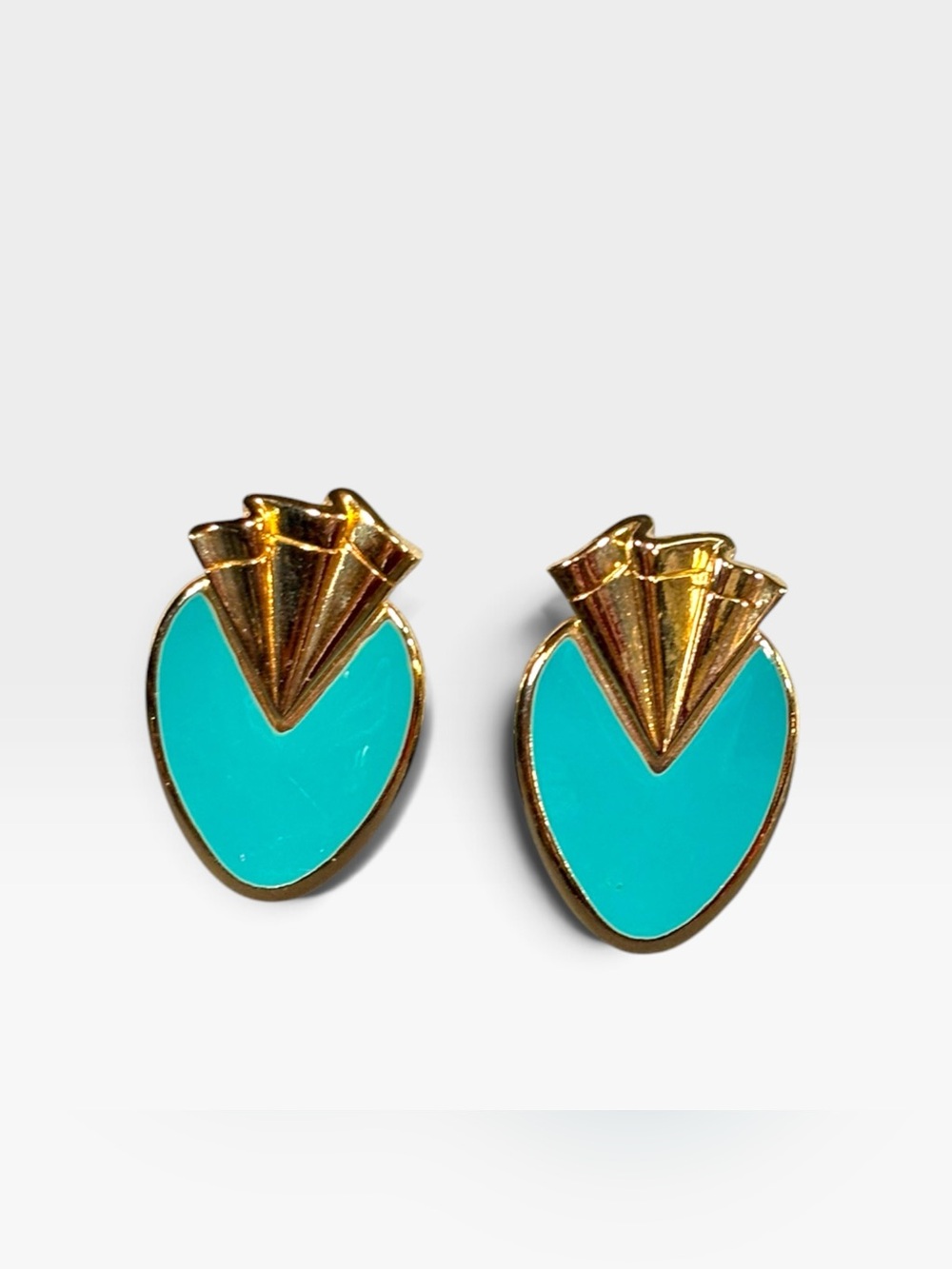 Vintage 80s Turquoise Enamel Gold tone Fan Stud Earrings Neo Deco
